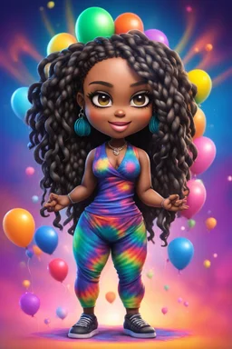 Create an airbrush image of a chibi black curvy female wearing a tie dye yoga outfit. Prominent make up with hazel eyes. Highly detail asymmetrical dread locs. background of colorful large ballons 2k