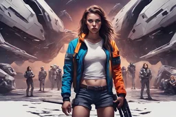 Beautiful girl with rainbow eyes, warrior, strong, sad, resilient, full body, with family of 5 beside her, defending, Masterpiece, best quality, cinematic lighting, futuristic, standing in front of crashed spaceship, tough stance.