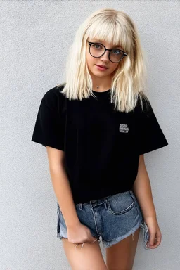 a cute white girl with a black shirt with blond hair and glasses