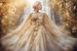 double exposure, merged layers, Beautiful composition of different fabrics, embroidered tulle with jewels, lace and raw pearls, silk, velvet, burlap, double exposure, heart, waterfall, golden glitters in sunshine