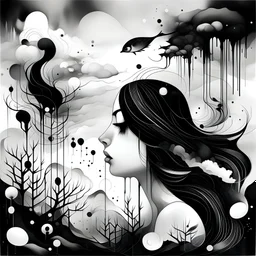 Abstract, dreamy, dreamlike, with a strong black and white contrast illustration for the ideia "Ceder para estar aberto a tudo aquilo que vem ter connosco; quando isso acontece, temos tudo e nada nos falta".