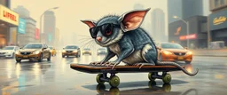 master oil painting by Rembrandt, pen outline and airbrush,the tilted quilter,glasses and ticks, cyberpunk imagery synchronized mechanical stylized fluffy gremlin rat bat laying low barely hanging on, drumming kit flat board trike flickering stable core, wet reflective salt flat city, fast motion blur background, translucent tube cars