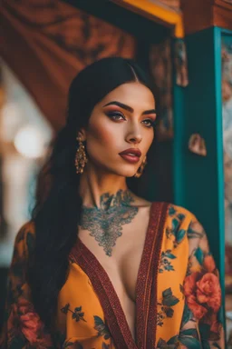 Beautiful Arab woman, petite, short, big eyes and lips, vibrant color, neck tattoo and full sleeves tattoo, thin, tattoos connected, Full coverage chest tatoo, tattoo style complex High quality film grain shot on Nikon Z 85mm by (petra collins|roe ethridge, elllen von unwerth, Jan Saudek)