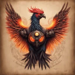 Hyper Realistic colored-sketch of Cyberpunk-Phoenix with glowing red eyes & golden-wings-&-feathers on a vintage-old-paper