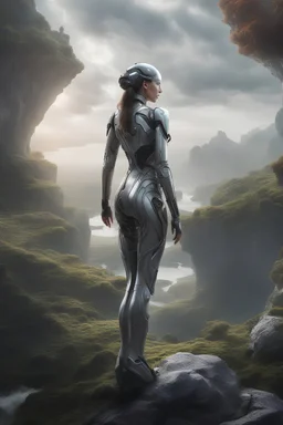 A hyper-realistic, A female cyborg with a blend of organic and robotic features, surrounded by a surreal landscape., Photo Real, 64k