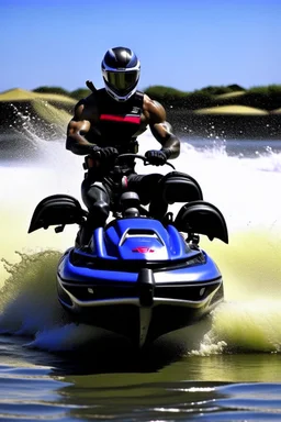 punisher sku;; BEACH JET SKI SHOOT OUT FROM THE CAMERA the style of Hiroshi Nagai