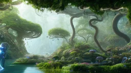 Detailed matte painting of a wide-angle shot of a woman, standing on the left side of the shot, with dark hair in a silver robotic catsuit, many large floating jellyfish with octopus tentacles, alien jungle trees in the distance, with an alien beach and lake