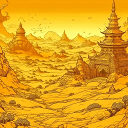 A yellowish orange colored desert with mysterious ruins designed in Mehndi design painted by Katsushika Hokusai