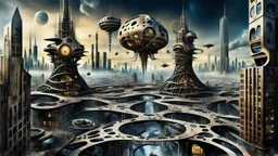 a stunningly weird image of a futuristic metropolis using Salvador Dali's paranoiac-critical method, where buildings and structures appear to melt into the skyline cityscape is filled with floating mad, twisted sharp metal shapes that interact with the buildings and each other, forming a surreal tableau of a dreamlike reality. neu-steampunk vibe, essence of the scene in a cinematic manner, with dramatic shadows that enhance the distorted perspectives and bizarre, futuristic surreal vibe