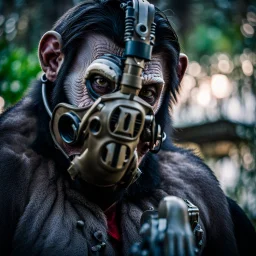 Cyborg, Ape, Primate, hominid, breathing device, gas mask, respirator Christopher Nolan, Dystopian, Extreme depth of field, bokeh blur, Alberta, all-natural, in the style of candid, Fuji Film, Anamorphic lens