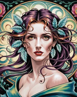 stunning Art Nouveau illustration depicts "," a powerful sorceress with cascading, wavy purplish hair interwoven with coppery tresses framing her face and adorned with delicate silver leaves. Her dramatic features include full, flaming lips and intensely beautiful brown eyes that convey ancient wisdom and command, angled slightly upward in a knowing gaze, and she is positioned according to the one-third rule composition. Behind her, a backdrop of swirling, stylized floral patterns in deep jewel