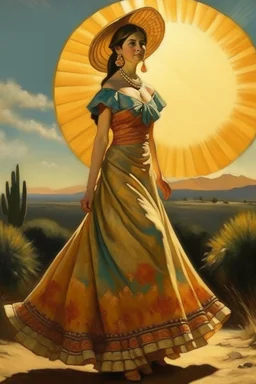 mexican woman with long dress painting neoclassism whole body zoom the sun standing