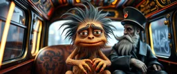 close up portrait of hairy fluffy polymer clay cute happy worried monster with realistic human colored and textured skin, and long sleek limbs and with studio lights, on a luxury ornate neon buss with strange graphitti and tatooes, talking to a wise man