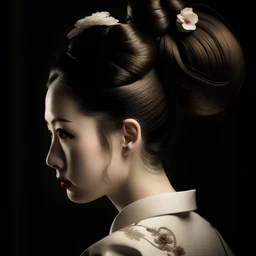 portrait of a geisha with hair in a tight bun