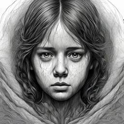 black and white portrait of the face of the girl sadness, fine pencil drawing, intricate line, hdr, 8k, ultra symmetrical, akira movie, stephen king style