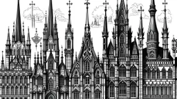 A black and white architectural illustration depicting a cityscape with ornate, gothic-style buildings with arched windows and spires