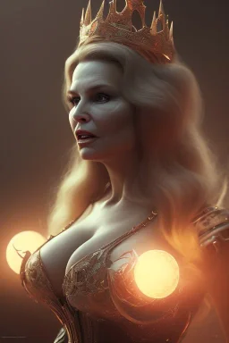 Jennifer Coolidge as evil queen in black leather, busty, cleavage, angry, stern look. character design by cory loftis, fenghua zhong, ryohei hase, ismail inceoglu and ruan jia. unreal engine 5, artistic lighting, highly detailed, photorealistic, fantasy