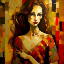 Fauvism and acrylic painting, a soft abstract front-facing portrait embellished with layers of translucent antique fabrics, black, cream, ginger color, a woman in her prime,unmanageable wavy brown hair, long simple dress , fine lines of gold accent the tips of shadows, enigmatic colorful mondrial background >> Made by MJ