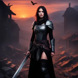 Raven Blackthorn, her chainmail stained with blood and dust, stands amidst the ruins of her village, haunted by the horrors of her past. As she embarks on a vengeful quest at sunset, her sword hungers for justice, fueled by the betrayal that scarred her soul. Guided by shadows of past misdeeds, she seeks a reckoning that will bring closure to the tragedy that befell her home.