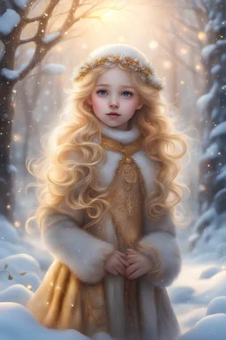 Masterpiece, best quality, digital painting style, beautiful fantasy art, high quality, 4k. In a wintry wonderland, a radiant little girl, adorned in the splendor of freshly fallen snow, her golden locks shimmering like spun gold, her eyes aglow with an enchanting warmth, appears as though brought to life from the pages of a fairy tale; a living embodiment of Elsa in her own magical snow-kissed realm, where every hue dazzles and sparkles, casting an iridescent glow over the frosty landscape.