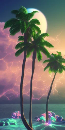 1980's aesthetic vaporwave palm trees and spheres and with lightning