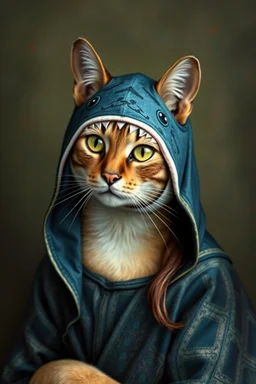 cat with shark mask hat solana as mona lisa in the style of banksy