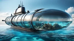 An unique futuristic glass and metal submarine in the ocean, with large of water surrounding it. The submarine bottom positioned in the center of the frame, providing a unique perspective on this streamlined high-techstructure and hightech interior equipment underwater, high detalied, sharp focus, best shot, sci-fi mood