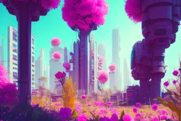 city, flowers, trees, sunny day, spring, sci-fi, cyberpunk influence