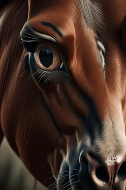 Horse with small overly realistic human eyes, staring straight at the point of view, dilated eyes