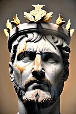 Ultra Realistic image, Roman sculpture, white marble material, Lionel Messi, gold laurel leaves crown, god crown, gold veins, gold ornaments, Renaissance style, sun rays background, waist up portrait, epic, celestial, cinematic lighting, God lights, 4k resolution, smooth details, soft lighting, unreal engine 5, art station, substance 3d.