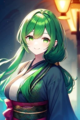 girl, masterpiece, best quality, cinematic lighting, detailed outfit, vibrant colors, perfect eyes, long hair, green hair, green eyes, obi, low ponytail, smile,