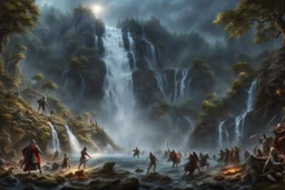 skeletons, zombies, banshees, wraiths and ghosts fighting at the foot of a 3.000 feet high waterfall. fantasy setting, horror. exquisite realism, a masterpiece, fantasy concept art, dynamic lighting, hyperdetailed, intricately detailed, deep color, Unreal Engine, volumetric lighting, Epic cinematic brilliant stunning intricate meticulously detailed dramatic atmospheric maximalist digital matte painting