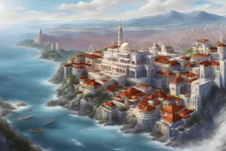 focus on a large fantasy seaside white metropolis, realistic artstyle, majestic palace-castle on a hill near the coast in the distance, big double city walls, tall golden towers, red roofs, high perspective, king's landing, constantinople, sky view, high view, summer, warm, focus on city, hills in background