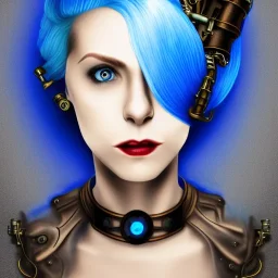 steampunk, head, woman, rendering, blue hair, electric circuits, steam, torn crown, highlights