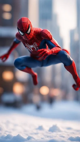 spider man jumping doing winter freestyle trick, bokeh like f/0.8, tilt-shift lens 8k, high detail, smooth render, down-light, unreal engine, prize winning