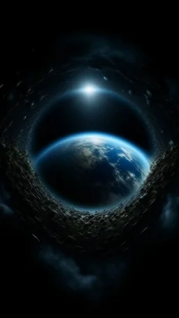 Earth view from a distance, a lot of Intelsats orbiting around Earth, Cold blue cloudy hole collision a shape of devilish dark body , Cinematic interstellar