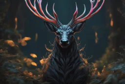 Shadow symbiote in 8k realistic anime drawing style, neon crystal antlers deer, human model, close picture, Deer them, intricate details, highly detailed, high details, detailed portrait, masterpiece,ultra detailed, ultra quality