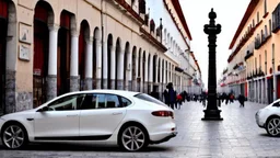 A Tesla's 'Model S Plaid' is racing at top speed, across the 'Plaza de la Constitución', in the city of Mexico. CINEMATIC. WIDE ANGLE LENS. PHOTO REAL.