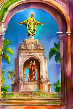 Rio de Janeiro with the Christ Statue watercolor and ink, intricate details, fantasy, beautiful, award winning, colorful, fantastic view, crisp quality, in sunshine