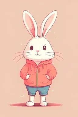 Cute pink rabbit standing on two legs and wearing human clothes