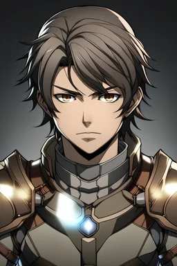a sly looking young man with dark brown hair and a charming hairstyle and brown eyes, anime themed light metal armor on top.