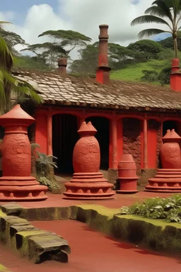 A red volcanic furnace factory designed in Hawaiian tiki statues painted by Albert Pinkham Ryder