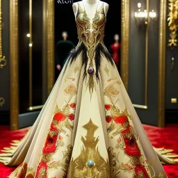 stunning couture gown designed by Marchesa inspired by fairies, realistic epic elegant fantasy colors in gold and black and red,decorated with precious stones, detailed, high quality, intricate, fantasyland background,