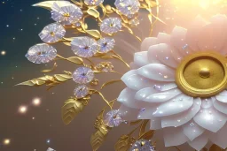  white and gold crystal subtle flower in a galactic ambiance, transparent petals, delicate colors, in the foreground, full of details, smooth, bright sunshine，soft light atmosphere, light effect，vaporwave colorful, concept art, smooth, extremely sharp detail, finely tuned detail, ultra high definition, 8 k, unreal engine 5, ultra sharp focus