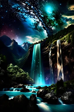 mountains over spiral galaxy and waterfall