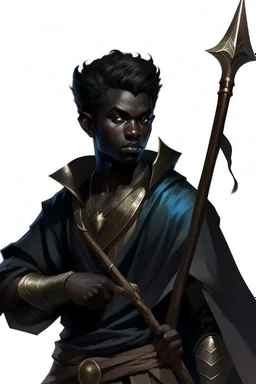 A young male Air genasi with black skin ahs some hair holding a smuldring spear