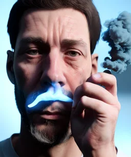 Realistic image, a guy making the fuck you gesture with his hand, blue smoke coming out of his eyes, nose and mouth. soft color, highly detailed, unreal engine 5, ray tracing, RTX, lumen lighting, ultra detail, volumetric lighting, 3d, finely drawn, high definition, high resolution.