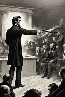 Create a powerful visual representation of the moment Booth fires a single shot into the back of Abraham Lincoln's head. Convey the shock and chaos among the audience as the gunshot reverberates through the theater