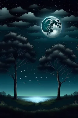 Picture of nature, trees, seas, moon and stars