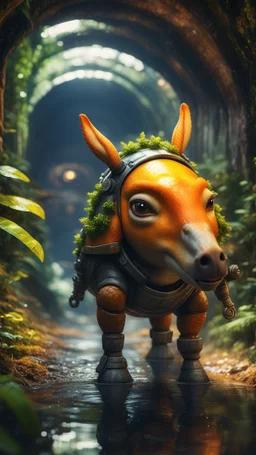 close up, magazine cover, smiling with front teeth, metallic yellow orange donkey turtle with friendly cute face and hair locks in dark lit reflective wet jungle metallic hall dome hotel tunnel, in the style of a game,bokeh like f/0.8, tilt-shift lens 8k, high detail, smooth render, down-light, unreal engine, prize winning